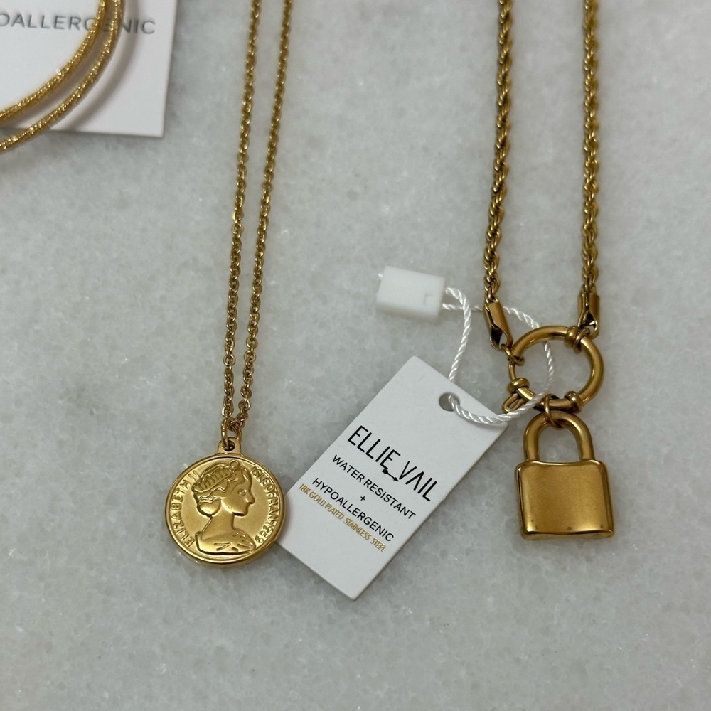 Ellie Vail jewelry-large hoops, coin necklace, lock necklace - water resistant - Picture 4 of 5